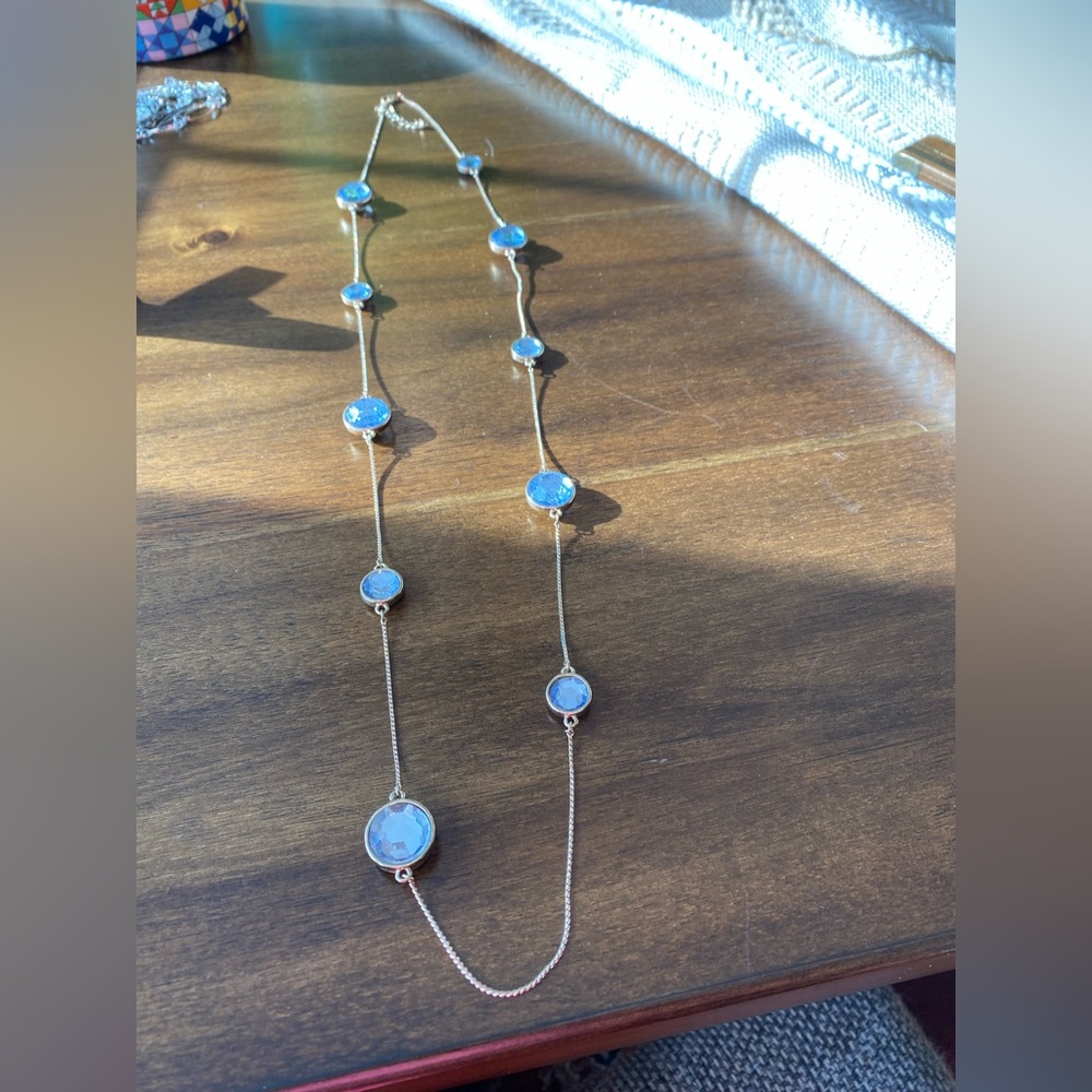36” gold tone and blue bead necklace
